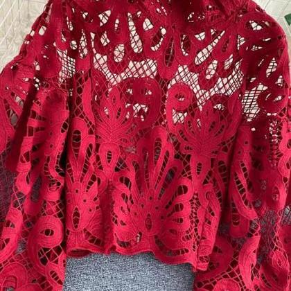 Elegant Red Lace Shawl Wrap For Evening Wear