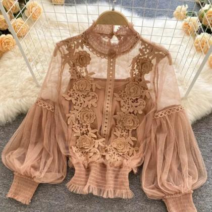 Elegant Sheer Floral Lace Puff Sleeve Blouse End