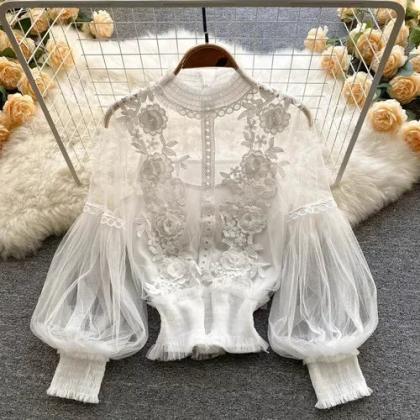 Elegant Sheer Floral Lace Puff Sleeve Blouse End
