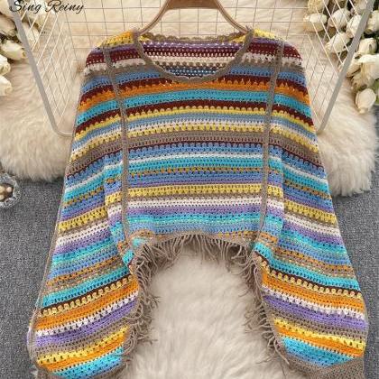Bohemian Style Crochet Knit Striped Fringe Poncho..
