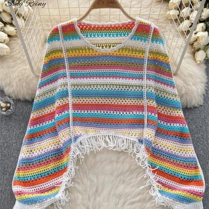 Bohemian Style Crochet Knit Striped Fringe Poncho..