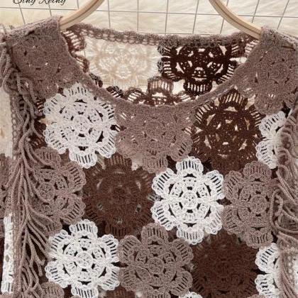 Womens Bohemian Crochet Knit Fringe Trim Pullover..