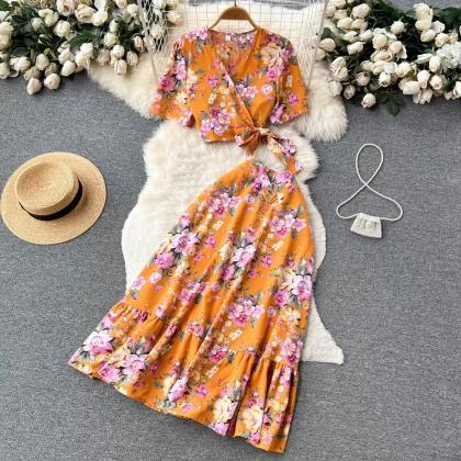 Womens Floral Wrap V-neck Top And Skirt Set