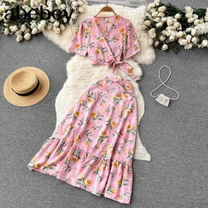 Womens Floral Wrap V-neck Top And Skirt Set