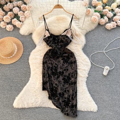 Elegant Black Floral Lace Slip Midi Dress For..
