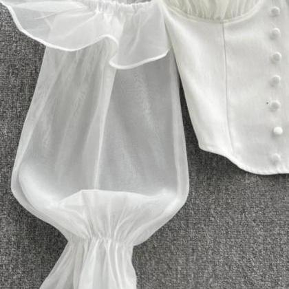 Elegant White Corset Top With Sheer Puff Sleeves