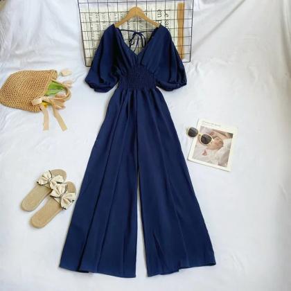 Elegant V-neck Smocked Waist Maxi Dresses Set