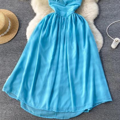 Halter Neck Pleated Midi Summer Dress In Sky Blue