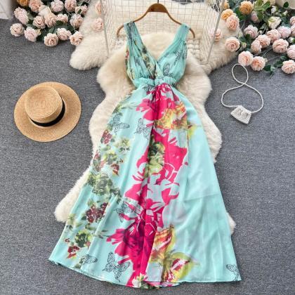Womens Floral Print Summer Sleeveless Maxi Dress