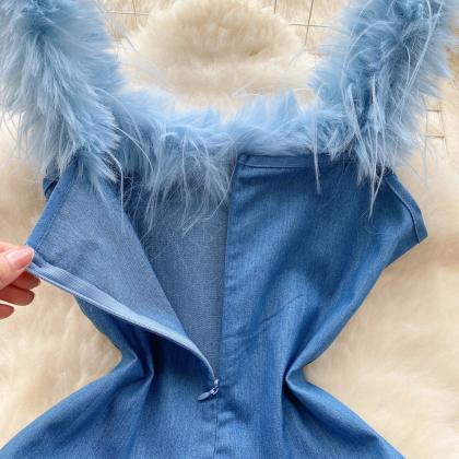 Elegant Blue Velvet Dress With Feather Trim Detail