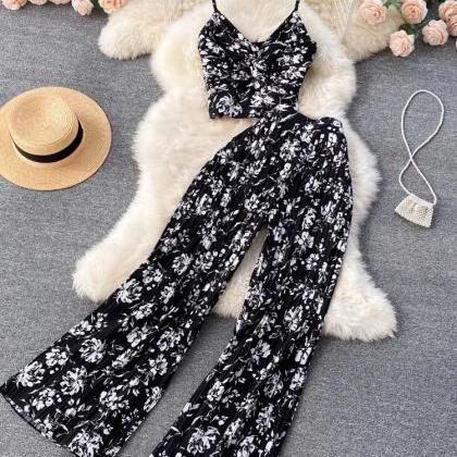 Bohemian Floral Print Pleated Jumpsuit With Bow..
