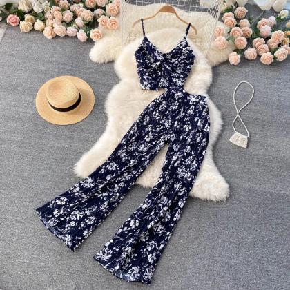 Bohemian Floral Print Pleated Jumpsuit With Bow..