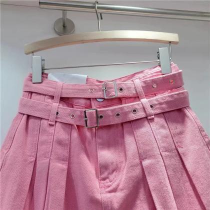 Womens Pink Distressed Denim Pleated Mini Skirt