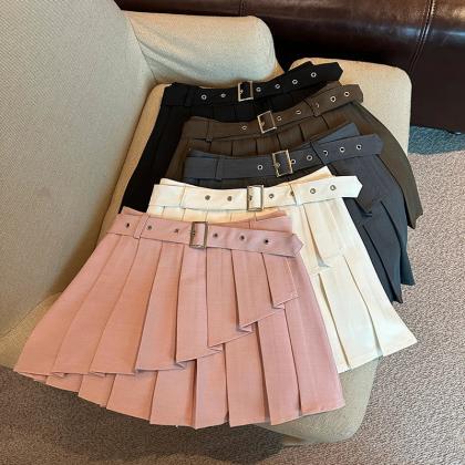 Womens Pleated A-line Mini Skirt With Buckle..