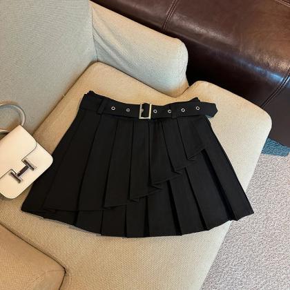 Womens Pleated A-line Mini Skirt With Buckle..
