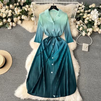 Elegant Pleated Midi Shirt Dress With Belted Waist
