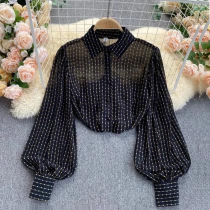 Womens Puff Sleeve Striped Sheer Button-up Blouse