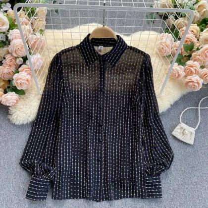 Womens Puff Sleeve Striped Sheer Button-up Blouse