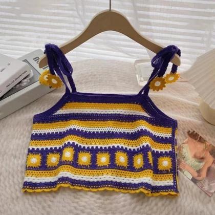 Boho Style Crochet Flower Halter Tank Top Summer