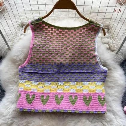 Handmade Crochet Heart Pattern Sleeveless Crop Top..