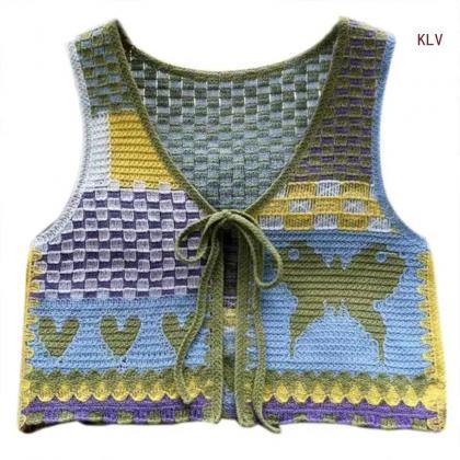 Handmade Crochet Heart Pattern Sleeveless Crop Top..