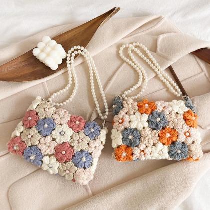 Vintage Floral Crochet Pearl Strap Handbags For..