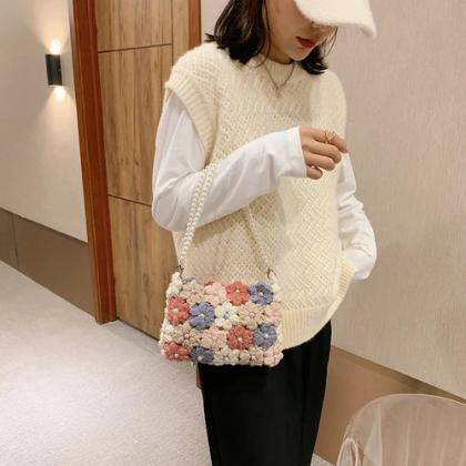 Vintage Floral Crochet Pearl Strap Handbags For..