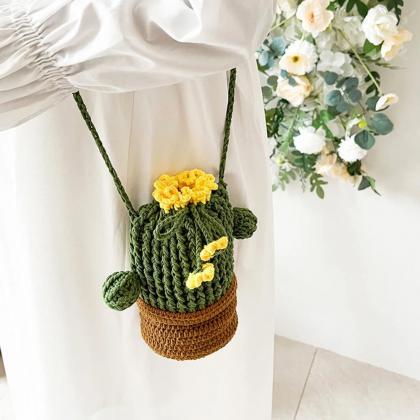 Handmade Crochet Cactus Flower Pot Shoulder Bag