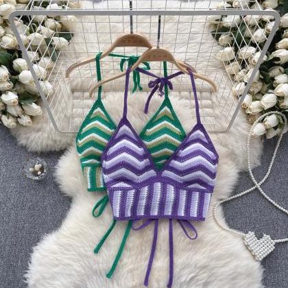 Womens Striped Halter Neck Crochet Top Handmade