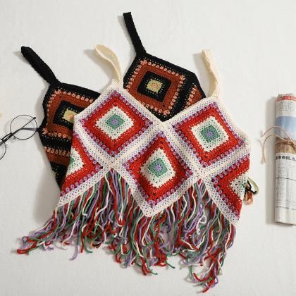 Handmade Crochet Boho Halter Tops With Fringe..