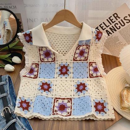 Vintage Crochet Floral Patchwork Sleeveless Vest..