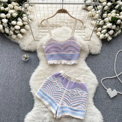 Womens Bohemian Knit Crop Top And Shorts Set