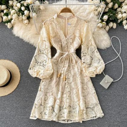Elegant Lace V-neck Dress With Flared Sleeves And..