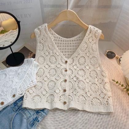 Bohemian Crochet Flower Knitted Sleeveless Vest..