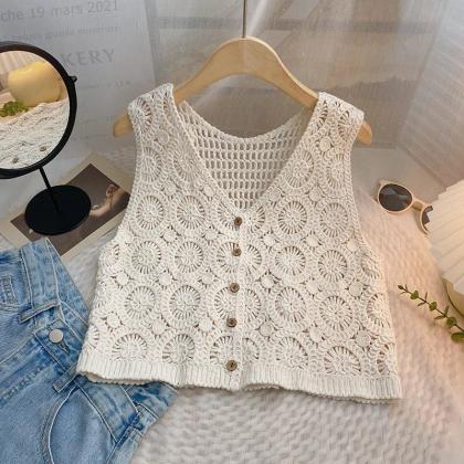 Bohemian Crochet Flower Knitted Sleeveless Vest..