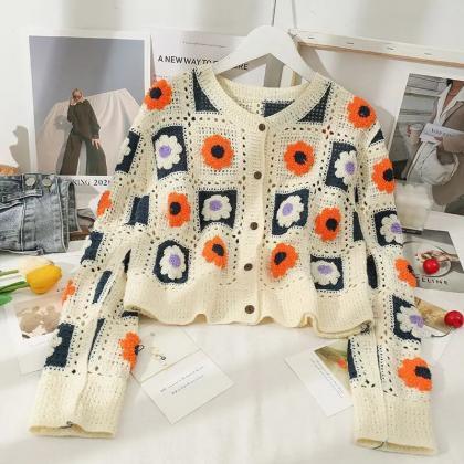 Vintage Floral Crochet Knit Cardigan Sweater..