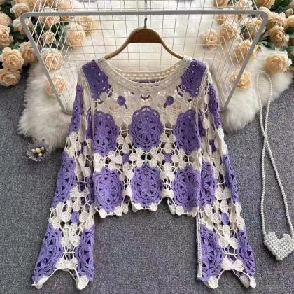 Vintage Floral Crochet Knit Cardigan Sweater..