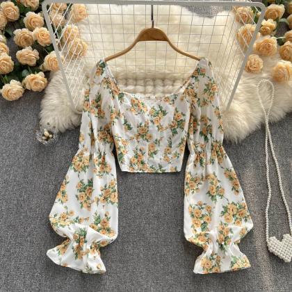 Womens Floral Print Square Neckline Blouse With..
