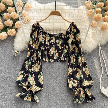 Womens Floral Print Square Neckline Blouse With..