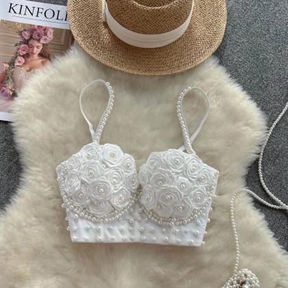 Womens Floral Embellished Bralette Top With Pearl..