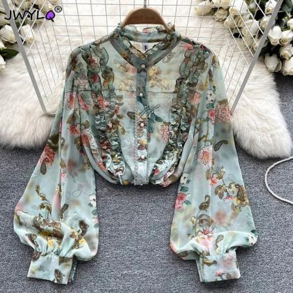 Womens Floral Print Chiffon Blouse With Ruffle..