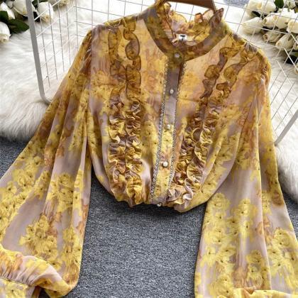 Womens Floral Print Chiffon Blouse With Ruffle..