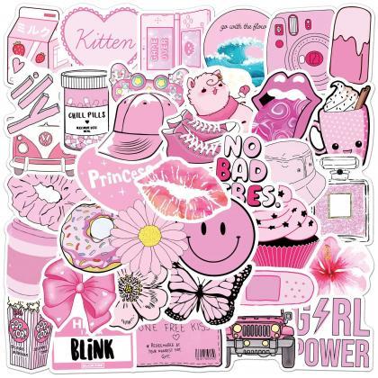 Assorted Pink Girly Themed Sticker Pack, 50 Pieces