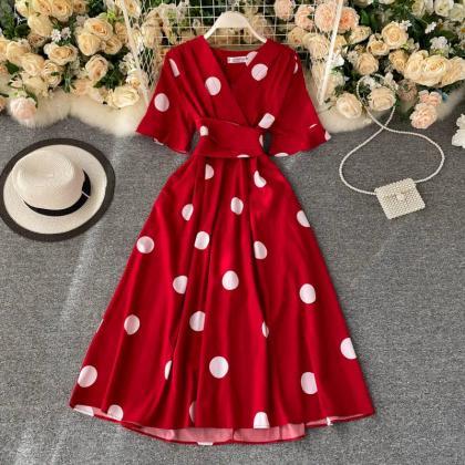 Elegant Red Polka Dot V-neck Midi Wrap Dress