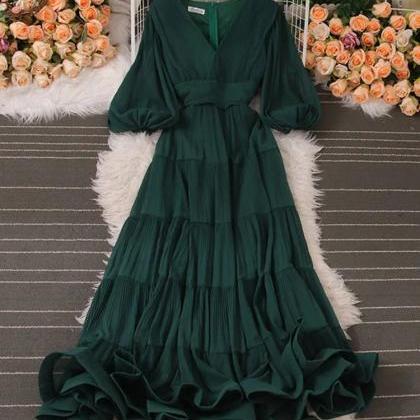 Elegant Burgundy V-neck Tiered Ruffle Maxi Dress..