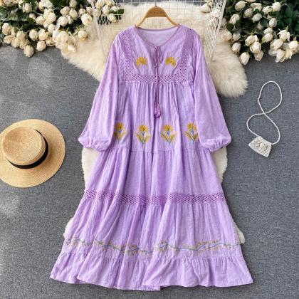 Womens Yellow Floral Embroidered Boho Summer Dress