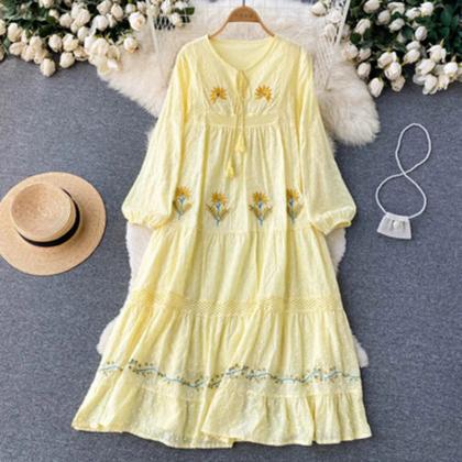 Womens Yellow Floral Embroidered Boho Summer Dress