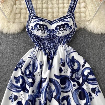 Womens Blue And White Porcelain Print Summer Dress