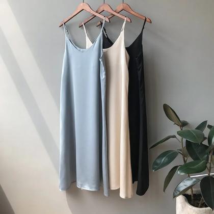 Sleeveless Solid Color Midi Slip Dress Set