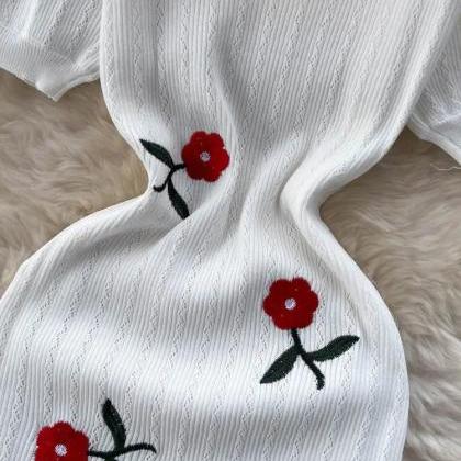 Womens Short Sleeve Floral Knit Bodycon Midi Dress